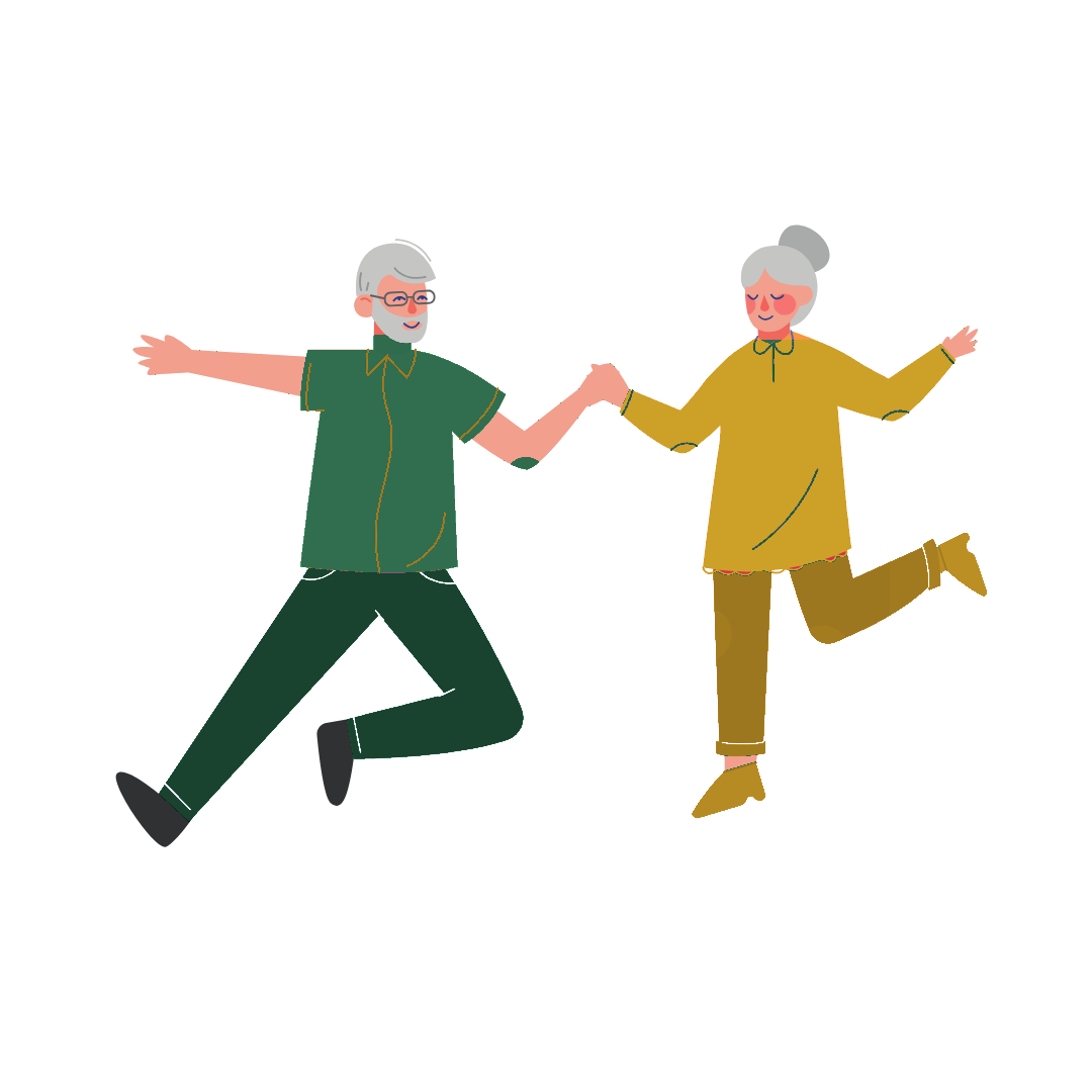 Illustration of an older couple jumping for joy, holding hands