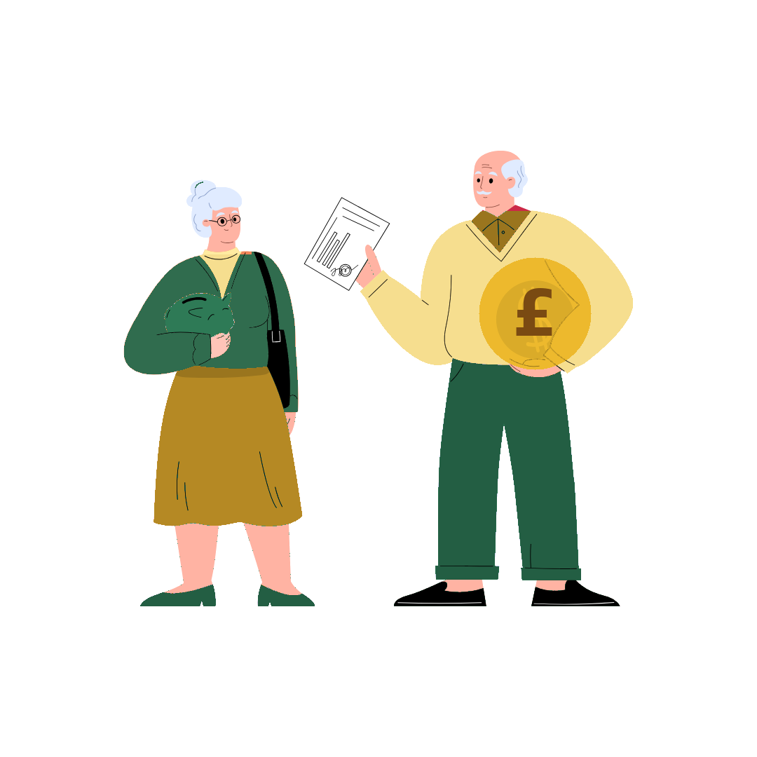Illustration of an older couple holding a giant pound coin and an award letter