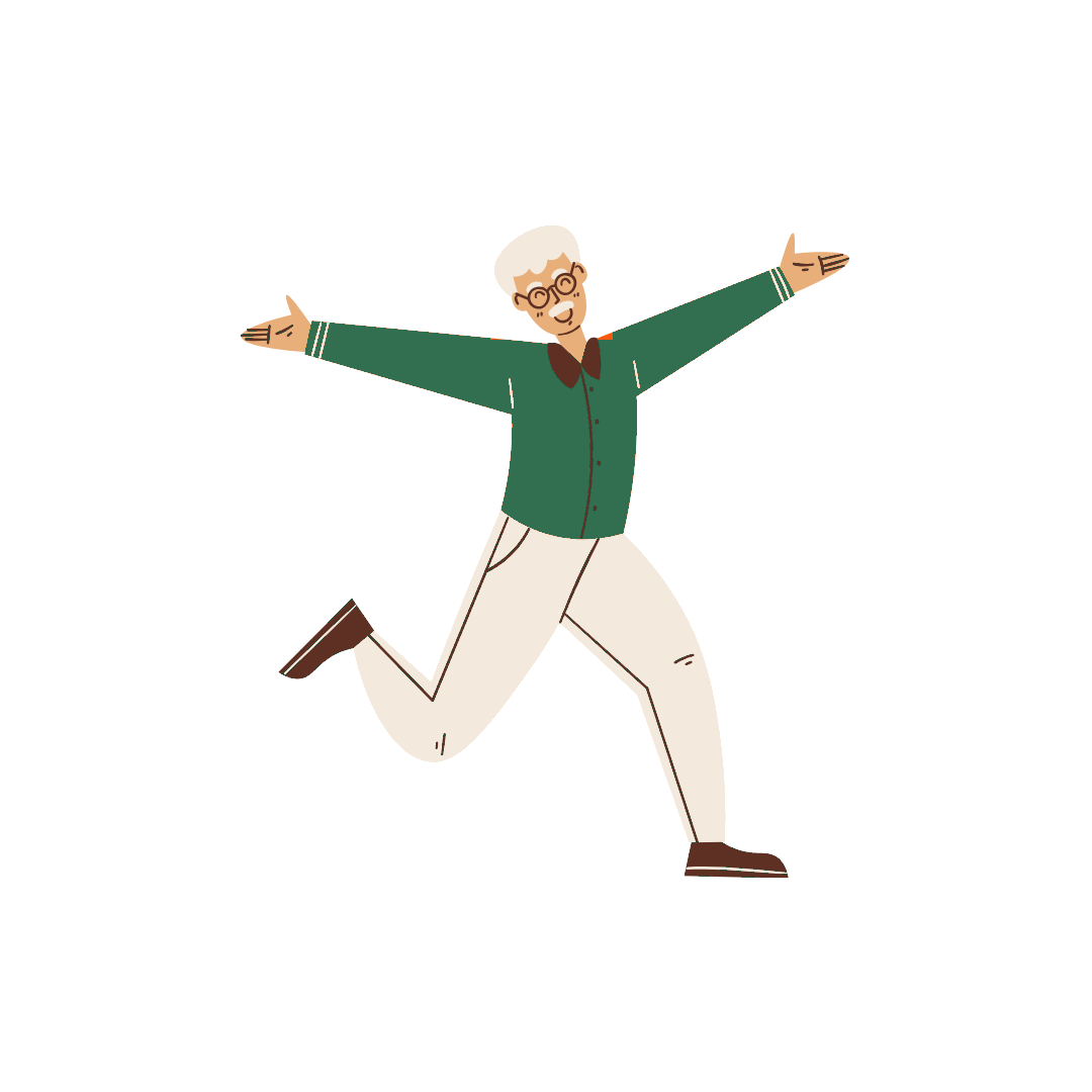 Illustration of an older man jumping with his arms spread wide